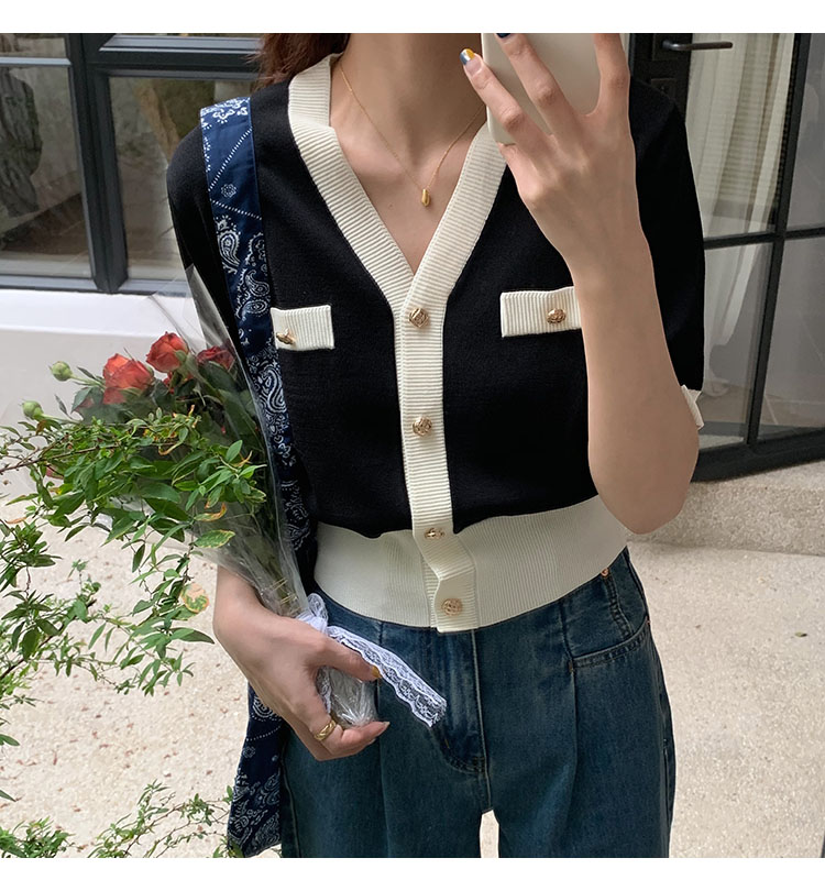 Áo dệt kim SUXI tay ngắn ôm dáng cổ V gợi cảm thanh lịch cho nữ