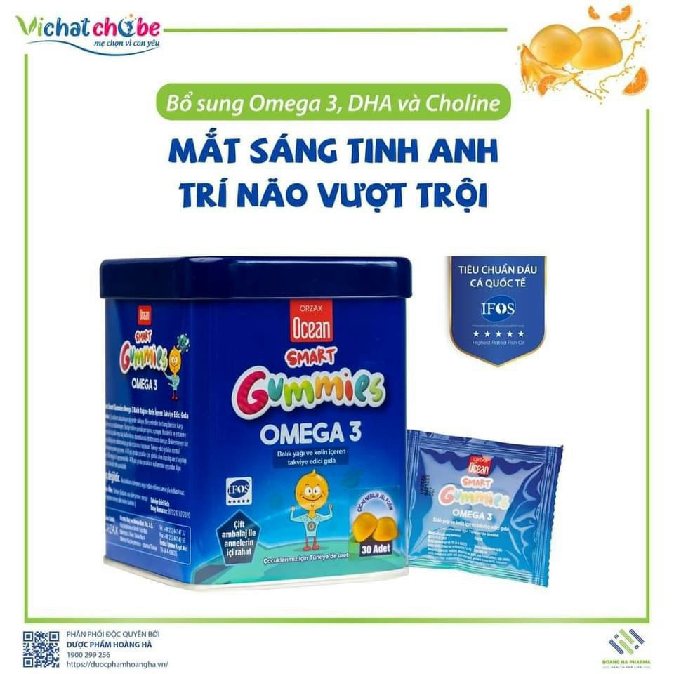 Kẹo Dẻo Ocean Smart Gummies Omega 3 (Hộp 30 viên) - Bổ sung DHA, EPA, Cholin giúp phát triển trí não, tăng cường thị lực
