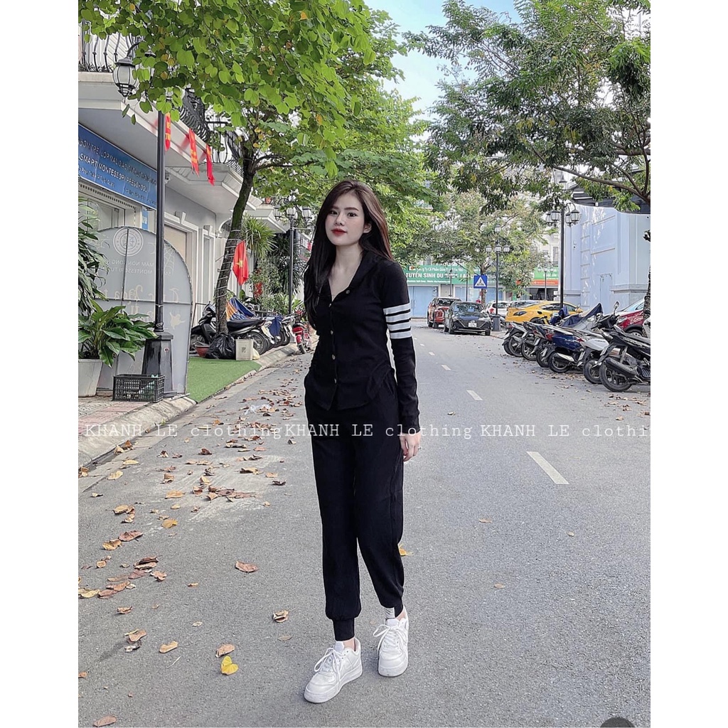 Bộ len thụng mũ vạt bầu mix quần jogger sọc thể thao đồ bộ nữ thu đông