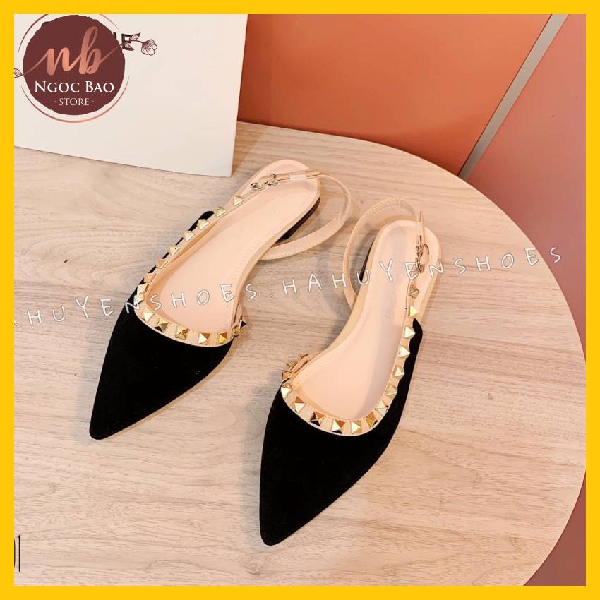 Giày sandal nữ mũi nhọn da lộn viền đinh cực đẹp sang chảnh mang êm chân, sandal đế bằng đi làm, đi học, đi chơi
