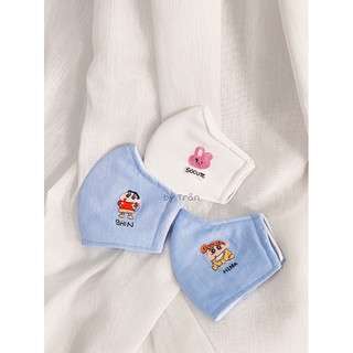 Khẩu trang linen thêutay hình Cu Shin & Hima - thêu tên riêng theo yêu cầu