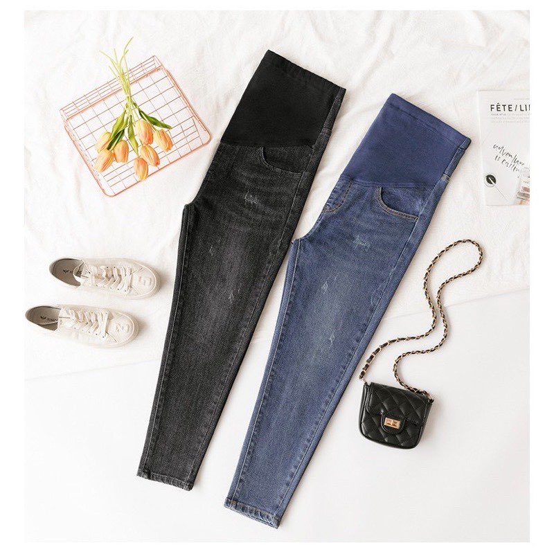 Quần Bò Bầu, Quần Jeans Bầu Hàng Mềm Đẹp Loại 1, có đáp bụng chun chỉnh, xước