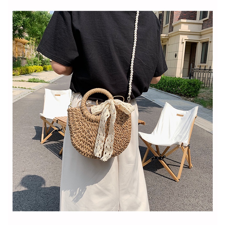 Túi cói đi biển bán nguyệt xách tay Vintage nhỏ
