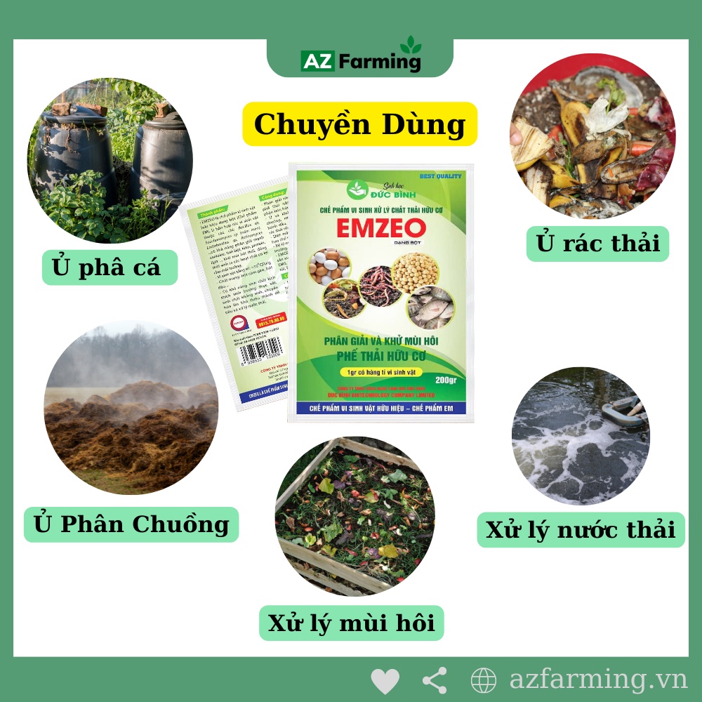 Chế Phẩm EM Emzeo Đức Bình - Ủ Phân Hữu Cơ, Khử Mùi Hôi - Gói 200g - AZ Farming