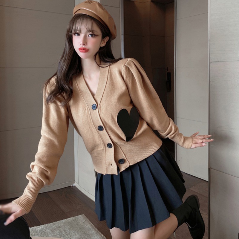 Áo khoác cardigan dệt kim dáng rộng họa tiết trái tim xinh xắn cho nữ