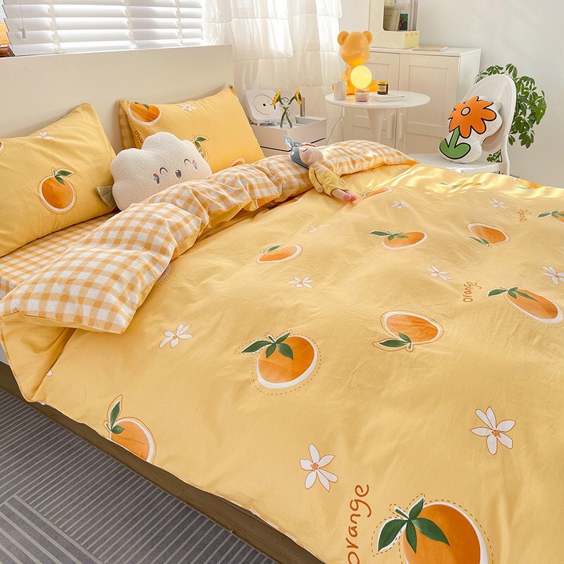 Trọn Bộ 4 Món Chăn Ga Gối Mền Cotton Poly. Thương Hiệu Evily Mẫu QUẢ CAM KẺ VÀNG Dễ Thương Tinh Tế EvilyDecor