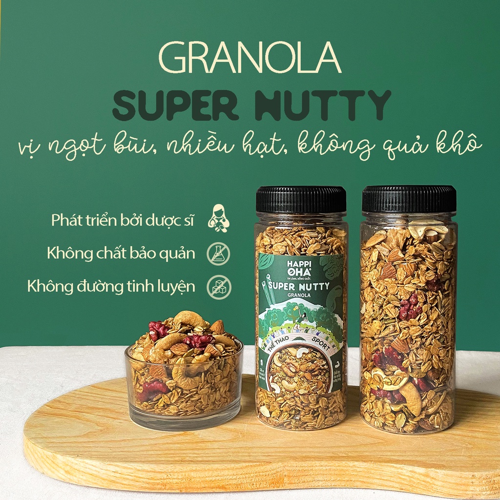 Ngũ Cốc Ăn Sáng/Ăn Kiêng Không Đường Tinh Luyện Siêu Đạm 240/400g - Granola Super Nutty HAPPI OHA