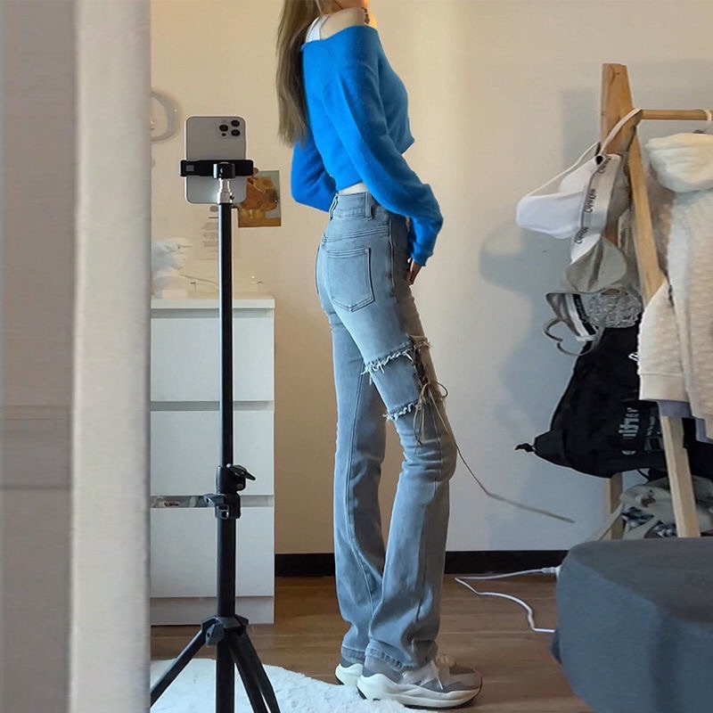 Quần jeans co dãn cạp cao bó ống loe buộc dây ulzzang Hàn Quốc