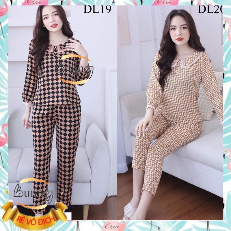 QUẦN ÁO MẶC NHÀ CHẤT LIỆU LỤA MANGO CỔ LÁ DUYÊN DÁNG, MẶC NHÀ SAU SINH HỌA CARO XINH FOM DÁNG ĐẸP