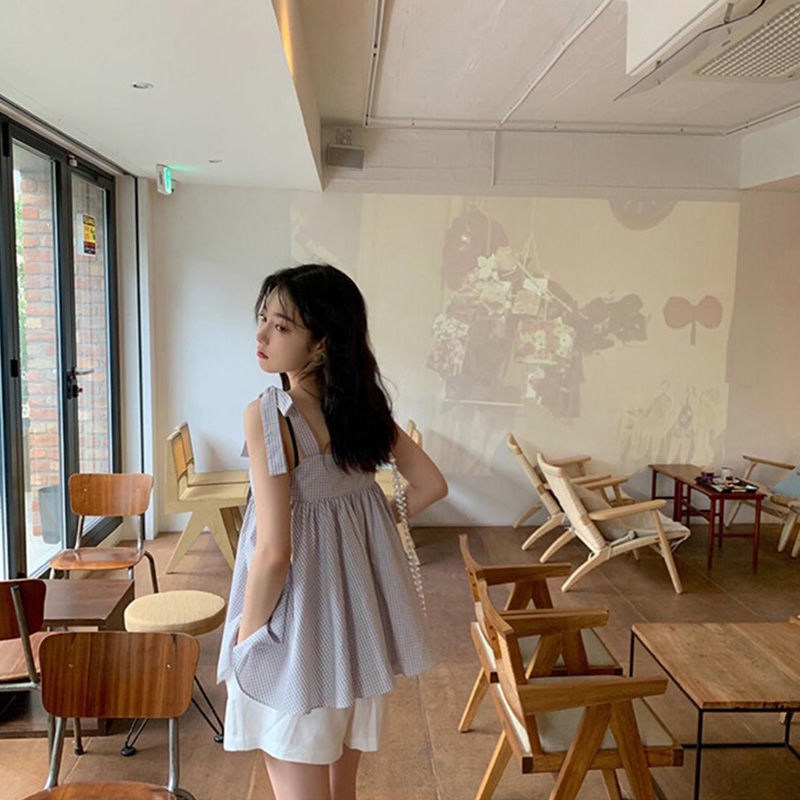 IELGY Áo Hai Dây Ngắn Dáng Suông Kẻ Sọc Caro Thắt Nơ Phong Cách Hàn Quốc Cho Nữ