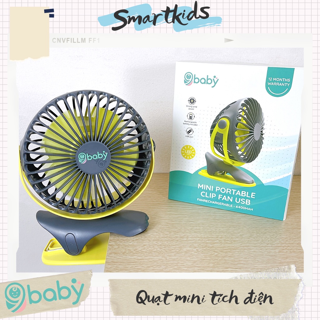 [ẢNH THẬT + VIDEO] Quạt mini 9BABY xoay góc 720 độ, Quạt kẹp xe đẩy, để bàn chạy liên tục tới 32 tiếng màu xám vàng