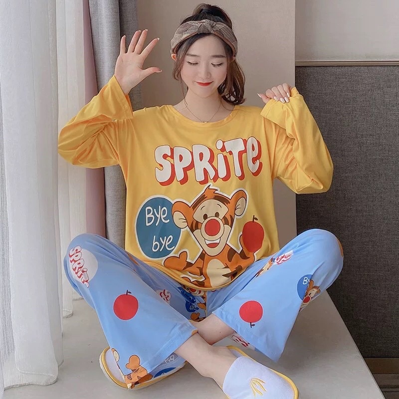 Đồ bộ thun tay dài Quảng Châu, pijama quần dài, đồ mặc ở nhà họa tiết hoạt hình dễ thương, bộ mặc nhà tặng kèm túi