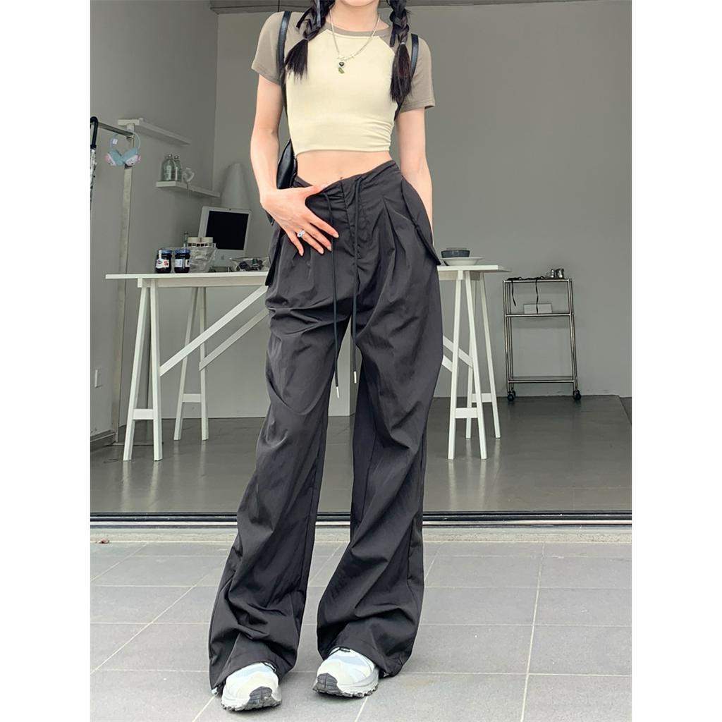 QADCOL Quần ống rộng Màu Đen Phong Cách retro Thời Trang Mùa Hè Dành Cho Nữ
