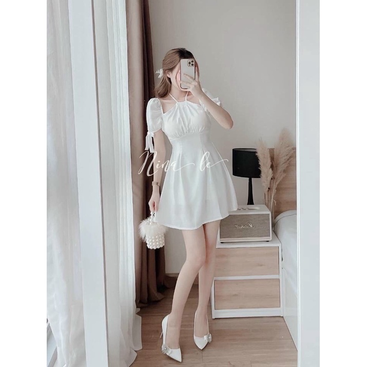 Đầm tiểu thư tay phồng, váy nữ đi tiệc dáng xòe bồng, đầm cổ yếm tay phồng, đầm nữ đi tiệc