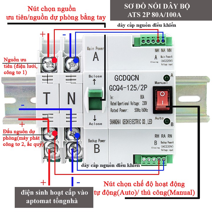 Cầu dao đảo chiều tự động ATS 2P 100A chuyển mạch nhanh