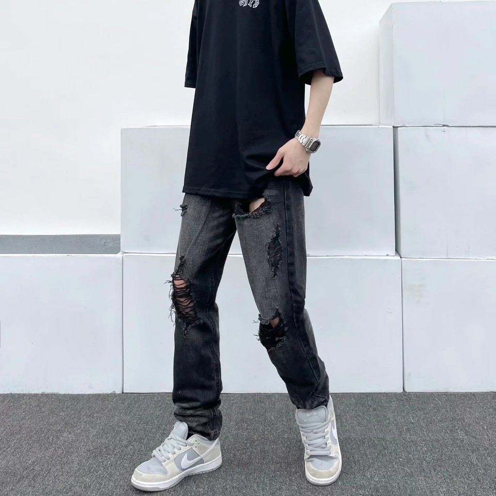 Quần Jean Ống Rộng Màu Đen Phối Rách Phong Cách Hip Hop Đường Phố Mỹ Thời Trang Mùa Hè Cho Nam Size S-3Xl | BigBuy360 - bigbuy360.vn