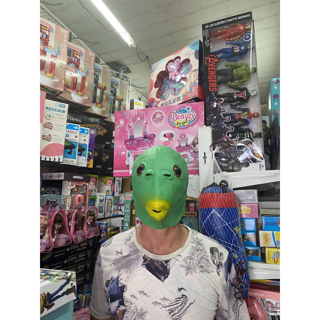 Mặt nạ da mềm trùm đầu hóa trang quái vật đầu cá xanh