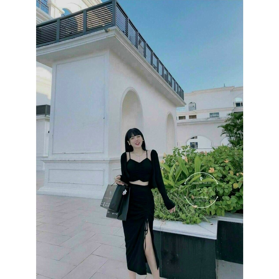Set đầm rút dây kèm áo khoác chất tăm gân siêu đẹp