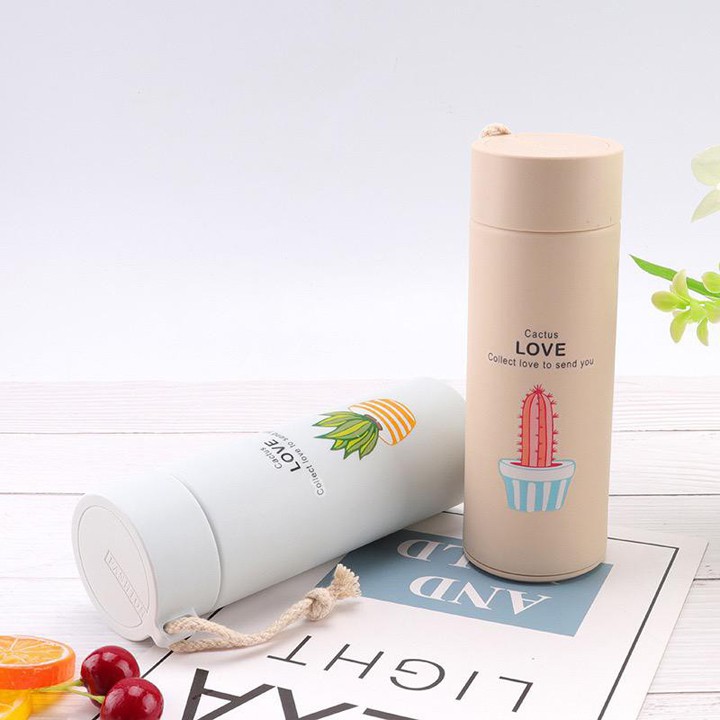 Bình giữ nhiệt in hình xương rồng 400ml lõi thủy tinh bọc vỏ nhựa có dây xách tiện lợi (BXR10)