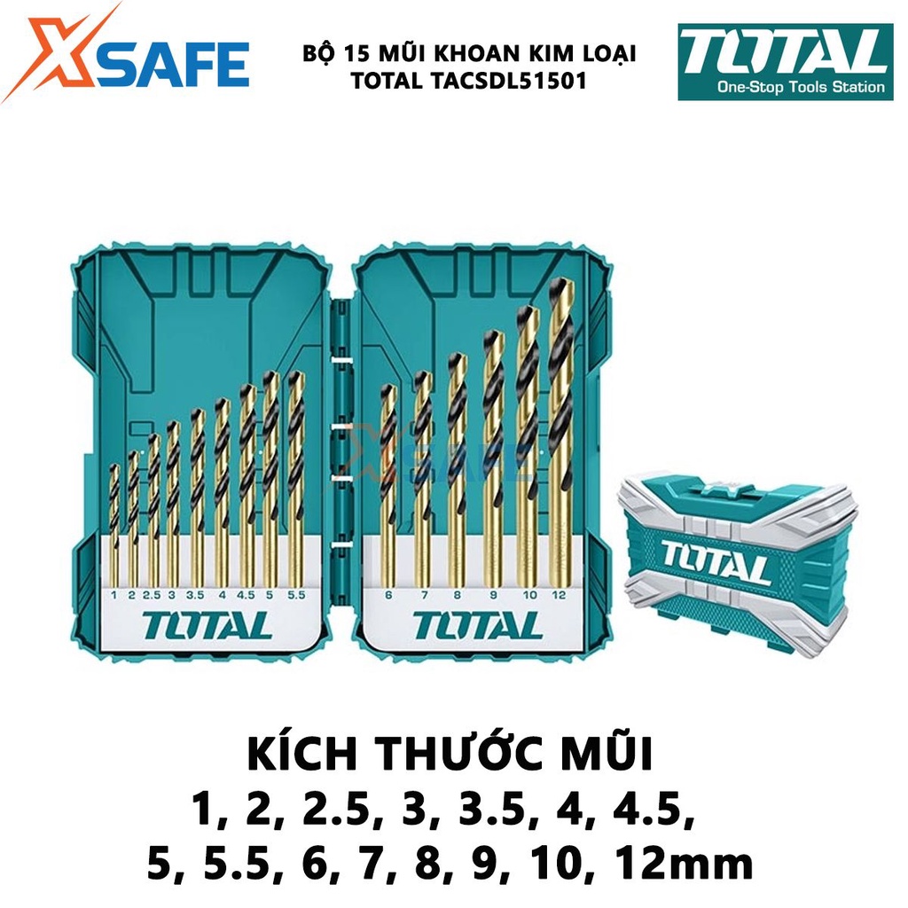 Bộ 15 mũi khoan kim loại TOTAL TACSDL51501 Combo 15 mũi khoan HSS kích thước từ 1-12mm, chịu lực chịu nhiệt tốt