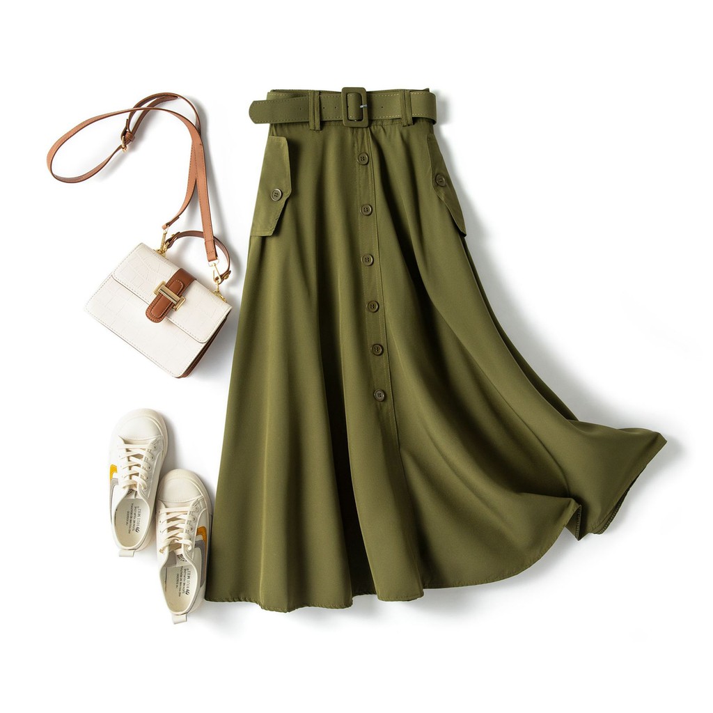 Chân váy dáng dàng đính túi cúc kèm đai vải xuông không nhăn free size VAY108