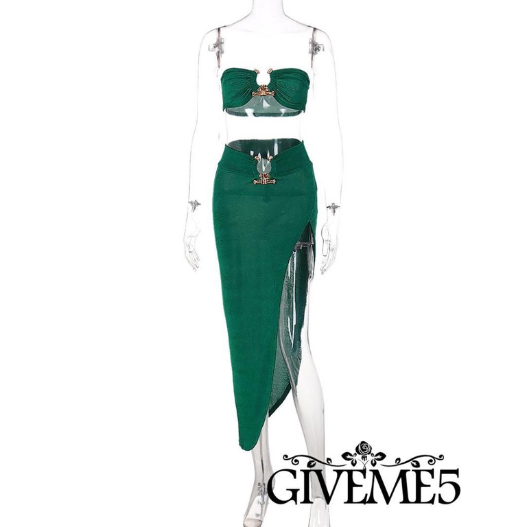 GIVEME-Women Summer Leisure Suit, Solid Color Metal Ring Decoration Strapless Midriff-baring Camisole + Side Split Bust