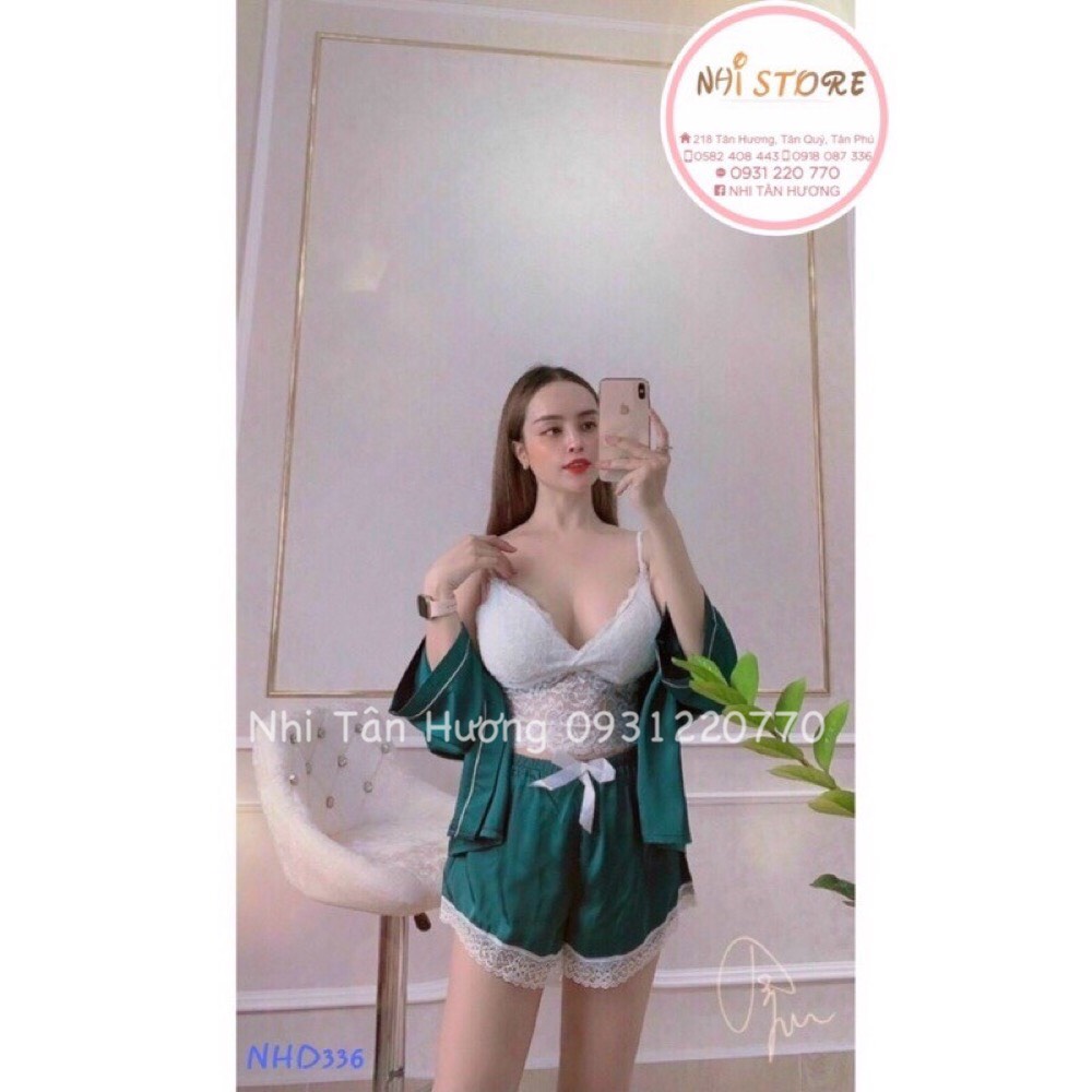 [FREESHIP 50K] Set Bộ Kiểu Nhistore Áo Khoác Dạng Kimono Quần Ngắn Kèm Áo Bra Ren 2 Dây Freesize Dưới 57kg