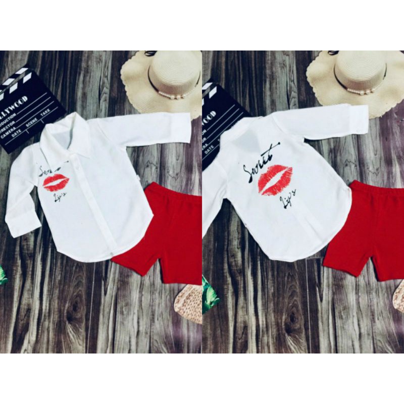 Set Sơ mi Môi Đỏ Áo Tay Dài Phối Quần Ngố Sành Điệu
