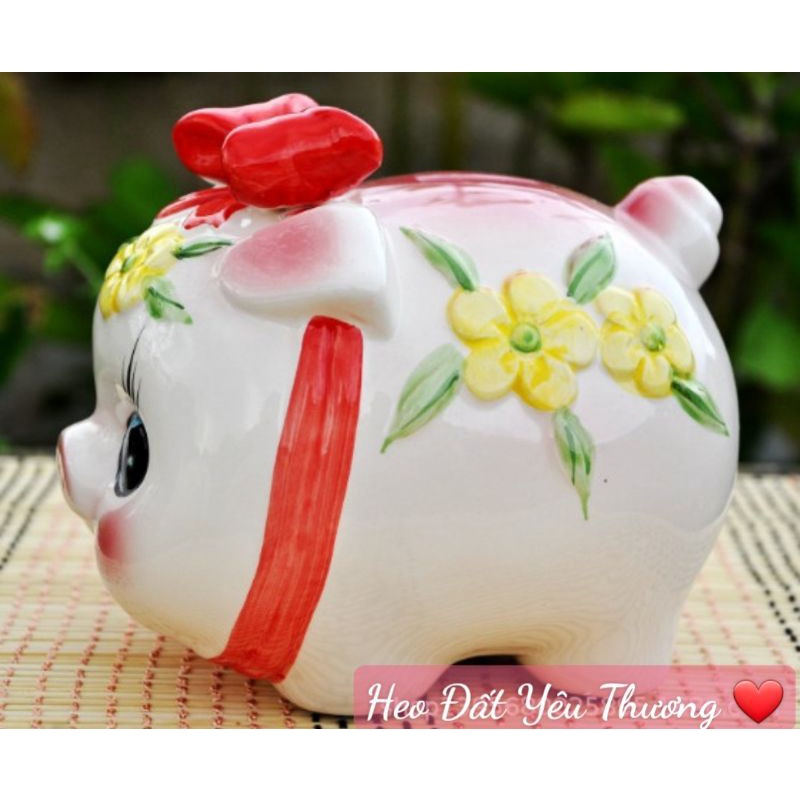 Lợn đất tiết kiệm gốm sứ heo nơ hoa nổi size 3