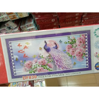 tranh đính đá chim công hoa mẫu đơn hoa khai phú quý kt 110x55cm