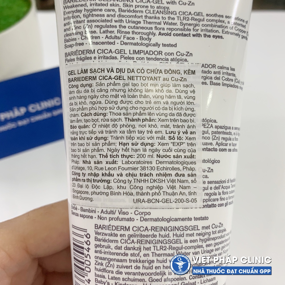 Gel rửa mặt làm sạch và dịu da Uriage Bariederm Cica Gel Nettoyant Anti Irritations Cu-Zn 200ml