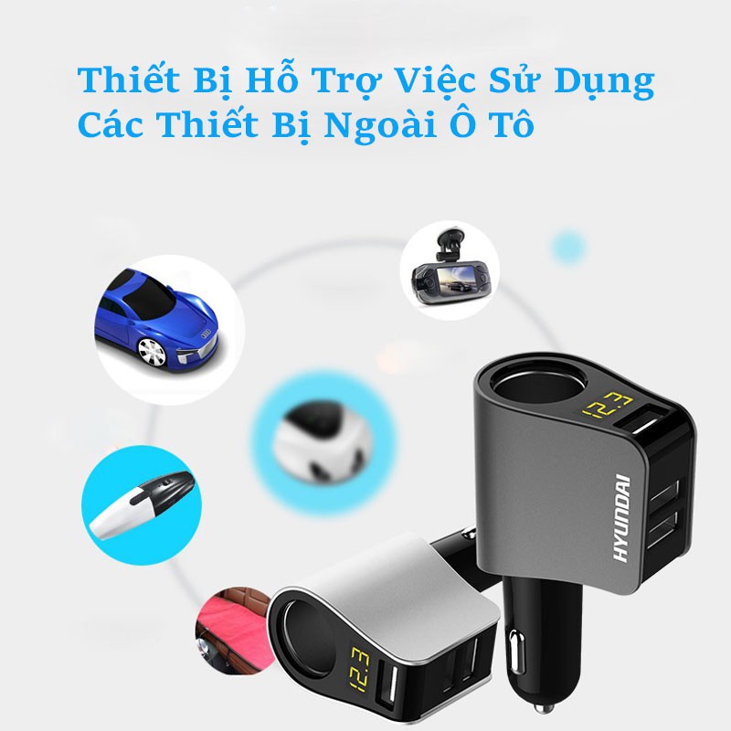 Tẩu Sạc Ô Tô, Xe Hơi Hyundai Chính Hãng, Có Đèn Led Báo Điện Áp - 3 Cổng USB, 1 Cổng Tẩu Tròn