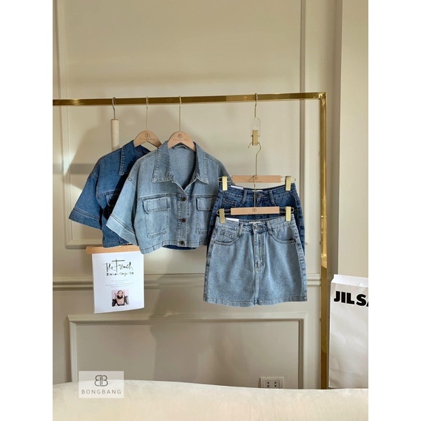 Set Bò Denim Cao Cấp (Hàng Loại 1) Áo Bò Tay Cộc Mix Chân Váy Hàng Quảng Châu