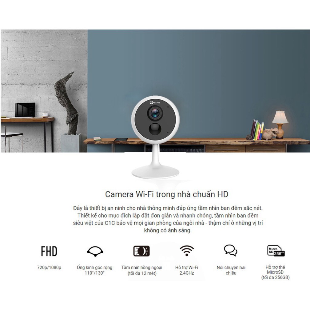 Ezviz C1C 1080p - Camera Wifi độ phân giải 2.0 Megapixel, Camera Ezviz C1C có hồng ngoại hỗ trợ quay đêm - BH 2 Năm