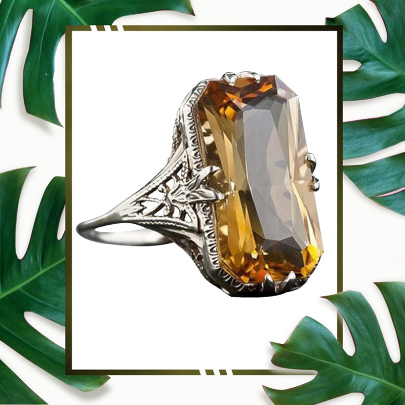 Ring Baguette Emerald Cut Lemon Yellow Citrine Retro Hollow Diamond Jewelry Birthday Proposal Gift