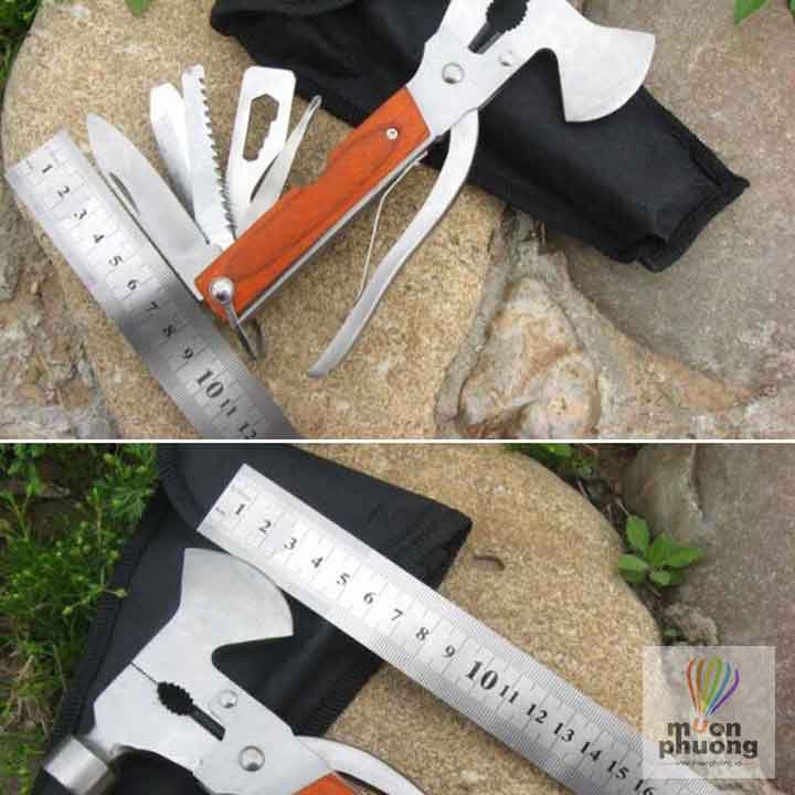 Búa rìu đa năng gọn nhẹ bằng thép 2CR13 không rỉ tay cầm gỗ thiết kế 2 đầu rìu và búa kết hợp thêm nhiều tính năng