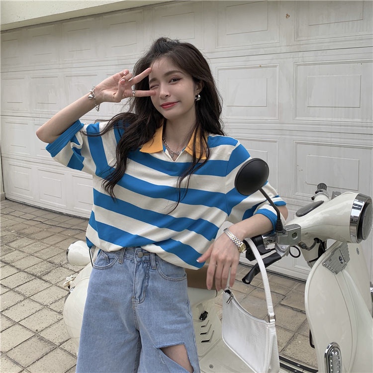 Áo Thun Polo Dáng Rộng Họa Tiết Kẻ Sọc Tay Ngắn Cổ Chữ V Phong Cách Thời Trang Mùa Hè Cho Nữ | BigBuy360 - bigbuy360.vn