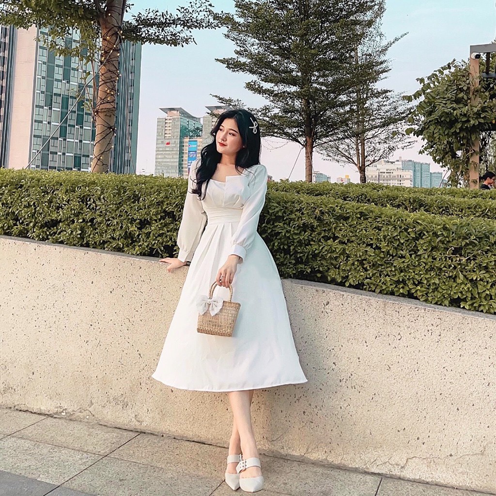 Đầm dự tiệc trắng dập ly ngực tay dài phong cách trẻ trung XUKA-DRESS MT100-chất Lụa cao cấp đẹp | BigBuy360 - bigbuy360.vn