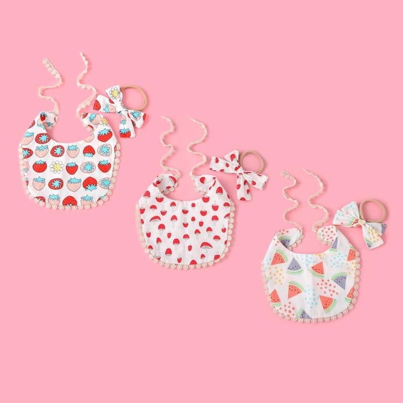 Set yếm đeo cổ kèm turban nơ xinh xắn cho bé gái 0-2 tuổi