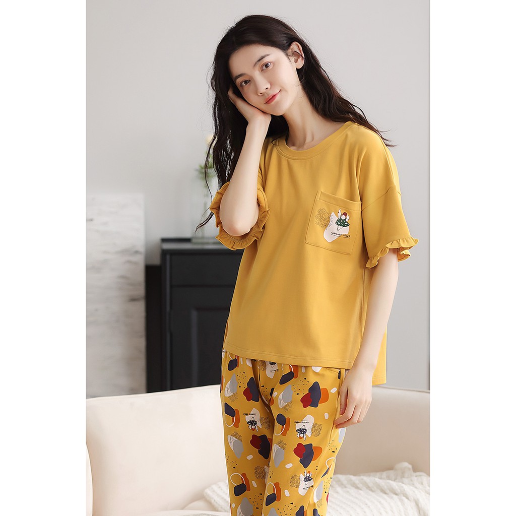 Đồ bộ nữ-Bộ mặc nhà quần lửng  style Hàn Quốc chất COTTON 100% thoáng mát ngày hè: Full size M-2XL