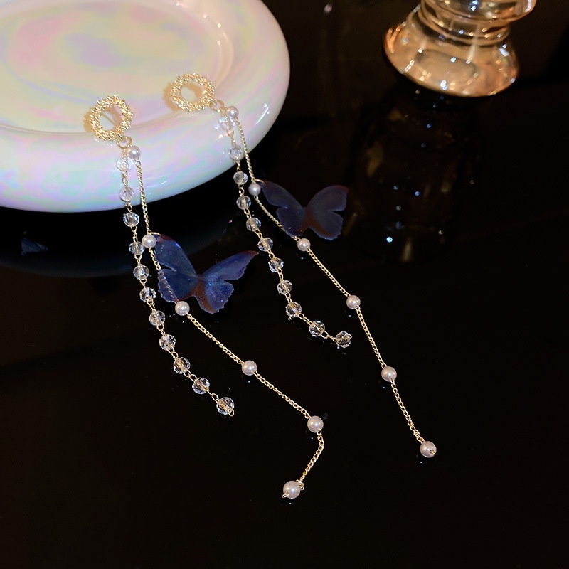 Bông Tai Dáng Dài Hình Bướm Đính Ngọc Trai Pha Lê Thời Trang Hàn Quốc Cho Nữ