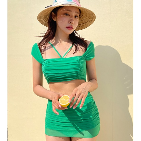 Bikini Hàn Quốc cao cấp váy quần mặc được nhiều kiểu, đồ bơi 2 mảnh xanh lá, đen cạp cao che bụng đi biển