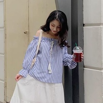 áo trễ vai đũi kẻ sọc to ngực dây nơ TKA200 LOLLIE STUDIO