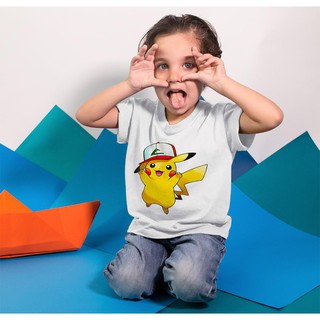 Áo thun trẻ em cotton in hình Pikachu đội mũ thể thao vui vẻ - cao cấp