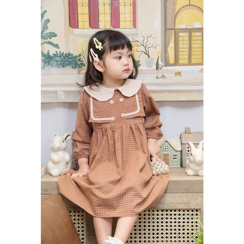 Váy thu dài tay cổ sen trắng, kẻ caro trắng cho bé 1-5 tuổi (Mã PL0023)