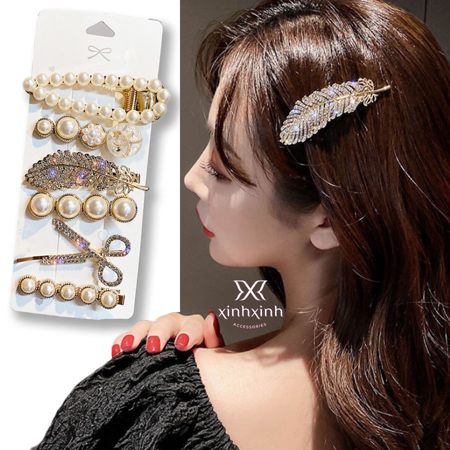 Set 6 kẹp tóc ulzzang đính hạt dễ thương cặp tóc phong cách Hàn Quốc cho bạn gái - Xinh Xinh Accessories