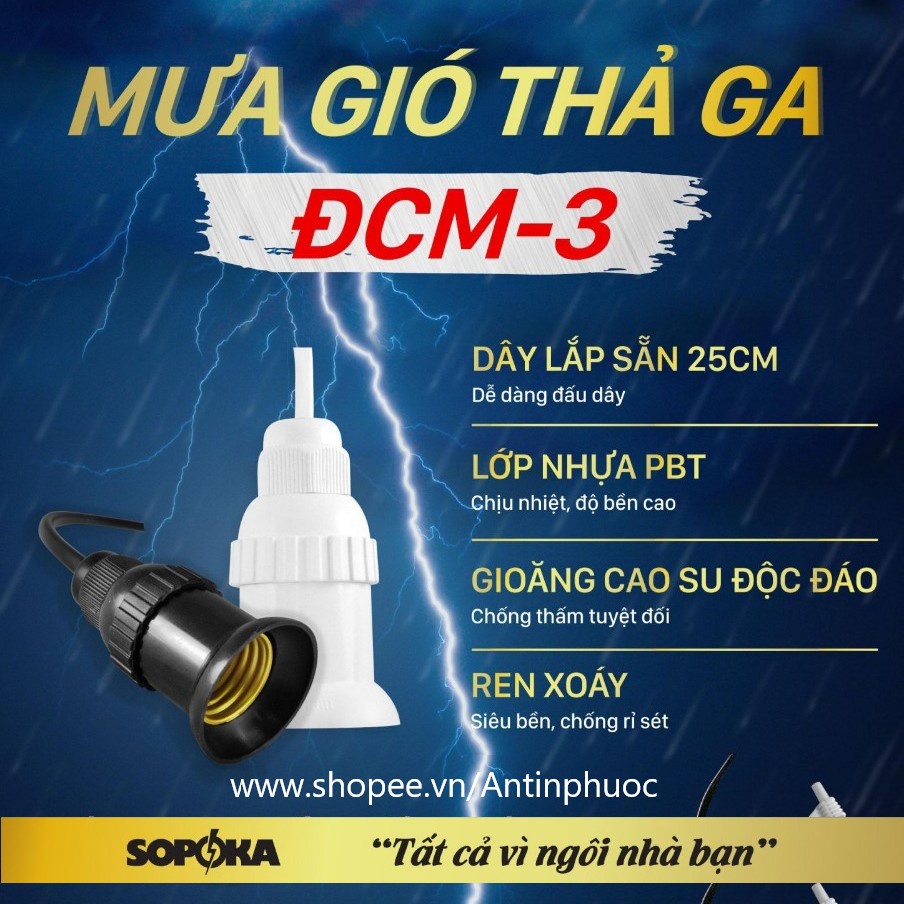 Đuôi đèn chống nước ren xoáy E27 SOPOKA có dây dài 20cm - chuôi đèn ngoài trời chịu mưa có dây sẵn gắn bóng Led E27