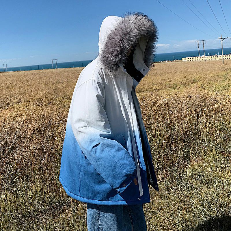 Áo Khoác Phao Màu Loang 2 Tầng Mũ Lông