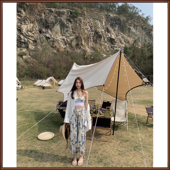 Set Đồ 2 Món Gồm Áo Hai Dây Cổ Chữ V + Quần Dài Ống Rộng Lưng Thun Rút Dây Hoạ Tiết Hoa Dành Cho Nữ