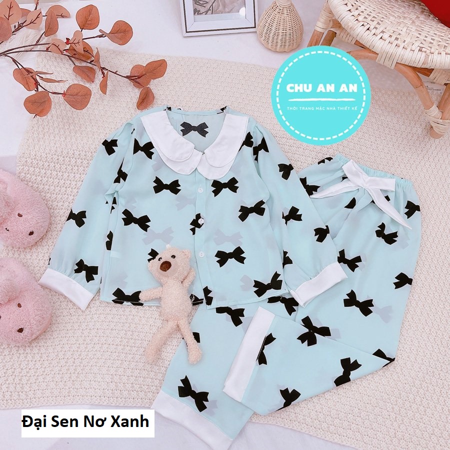 [ 16-38KG ] Bộ Mặc Nhà Pijama Lụa Cao Cấp Cho Bé Gái - Pijama Lụa Cổ Sen Phối Nơ Cho Bé  Yêu